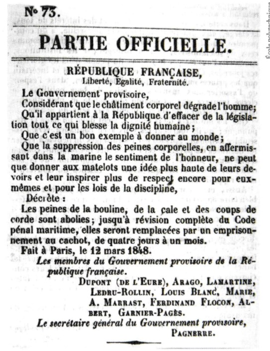 Décret d'abolition des peines corporelles dans la Marine 12.03.1848