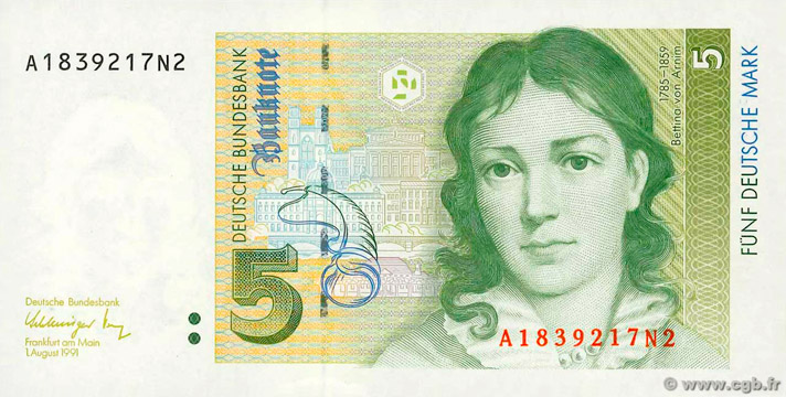 Billet de 5DM type 1991 à l'effigie de Bettina von Arnim
